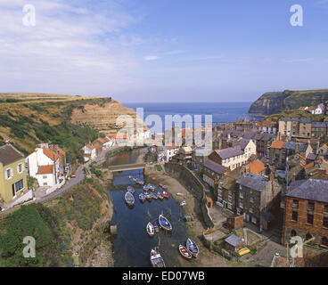 View of town and harbour, Staithes, North Yorkshire, England, United Kingdom Stock Photo