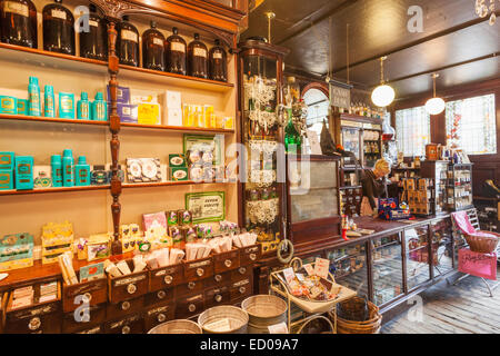 England, Yorkshire, Howarth, Traditional Pharmacy Shop Interior Stock Photo