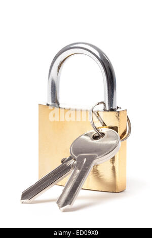 Locked padlock with keys isolated on white background. Stock Photo