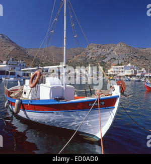 Colourful fishing boat in harbour, Elounda, Lasithi Region, Crete, Greece Stock Photo