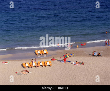 Aerial beach view, Platja d’en Bossa, Ibiza, Balearic Islands, Spain Stock Photo