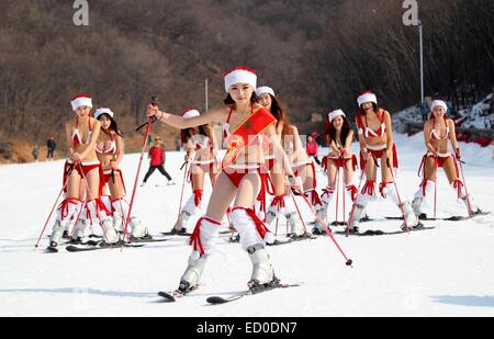 Yuzhou, Henan, China. 23rd Dec, 2014. Several girls are skiing by wearing red bikini to welcome the Christmas in Yuzhou, Henan, China on 23th December, 2014. Credit:  TopPhoto/Alamy Live News Stock Photo