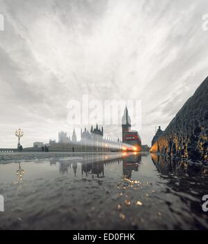 United Kingdom, England, London, Westminster Bridge in rain with incoming double-decker bus