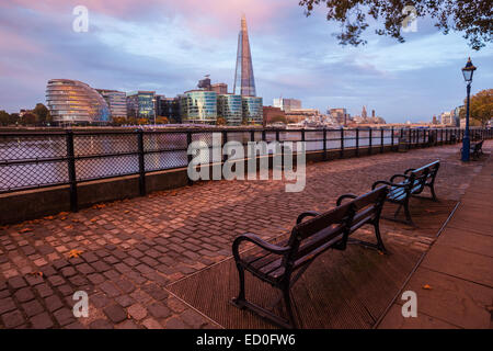 United Kingdom, London, View from North Bank of River Thames looking south, waterfront with Shard skyscraper Stock Photo