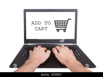 Man working on laptop, add to cart, isolated Stock Photo