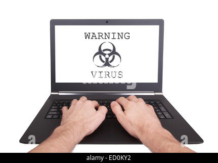 Man working on laptop, computer infected, isolated Stock Photo