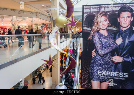 Crowds of last minute shoppers pack the Queens Center mall in the borough of Queens in New York on Super Saturday, December 20, 2014 looking for bargains for their Christmas gifts. Super Saturday, the Saturday prior to Christmas was crowded with shoppers and is expected to generate more sales than Black Friday.  (© Richard B. Levine) Stock Photo