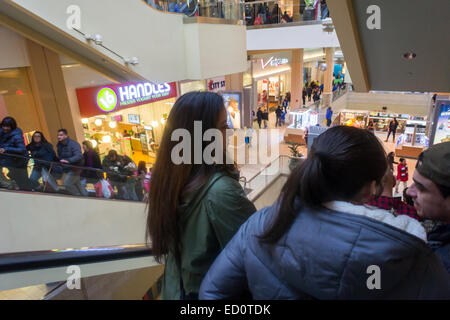 Crowds of last minute shoppers pack the Queens Center mall in the borough of Queens in New York on Super Saturday, December 20, 2014 looking for bargains for their Christmas gifts. Super Saturday, the Saturday prior to Christmas was crowded with shoppers and is expected to generate more sales than Black Friday.  (© Richard B. Levine) Stock Photo