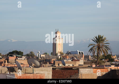 view of Marrakech skyline with Atlas Mountains Stock Photo