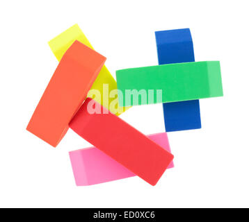 Six colorful erasers on a white background. Stock Photo