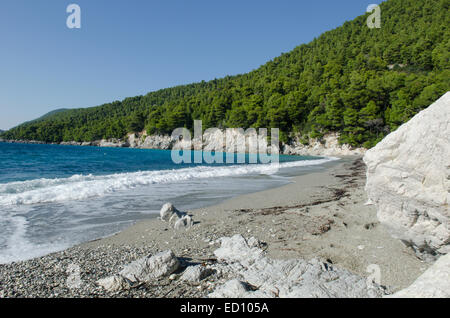 Kastani beach, on mid west coast of Skopelos, Greek island. October. Stock Photo