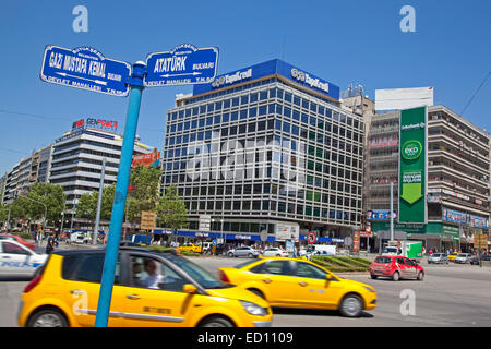 Yellow taxis on the Ataturk boulevard in the city Ankara, Turkey Stock Photo