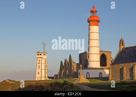 Pointe de St-Mathieu lighthouse with military tower and abbey, Brittany, France, Europe Stock Photo