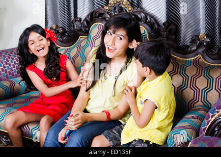 indian mother with children fun Stock Photo