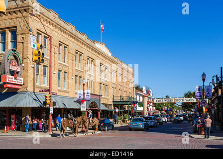 Exchange Avenue at junction with Main Street with Stockyards Hotel to the left, Stockyards District,  Fort Worth, Texas, USA Stock Photo