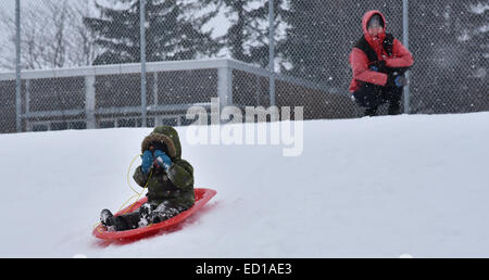 A little boy hides his eyes as his sledge accelerates, with Mum watching Stock Photo