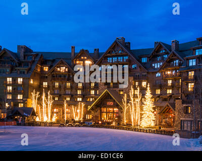 Ritz-Carlton Bachelor Gulch at dusk, winter, Beaver Creek Resort, Avon, Colorado. Stock Photo