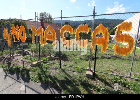 No Mcdonalds in Tecoma, protest banner made from individual ribbons tied to the fence near the proposed site of new store. Stock Photo