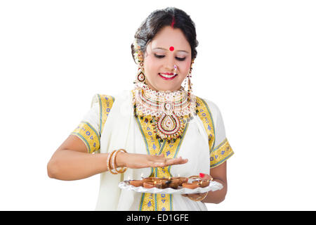 1 South  indian Lady Worship  Diwali  Festival Stock Photo