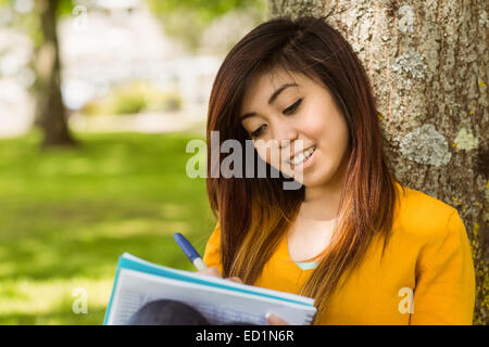 College student doing homework against tree in park Stock Photo