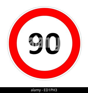 90 speed limitation road sign in white background Stock Photo