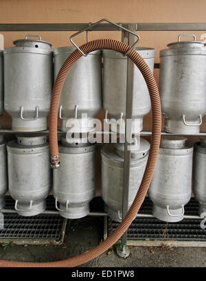 Several milk churns in a row at the dairy Stock Photo