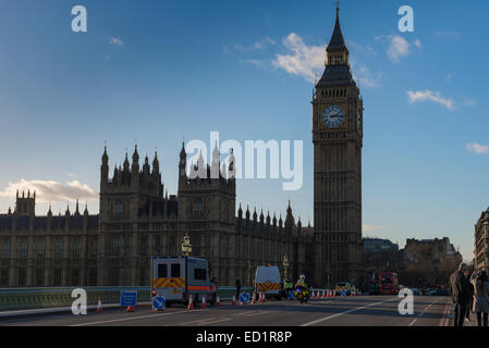 Police security check point on Westminster Bridge with the Houses of Parliament and Big Ben in the background Stock Photo