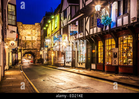 High Petergate and Bootham Bar in the city of York at twilight. Stock Photo