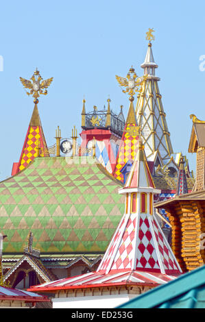 The Kremlin in Izmailovo Roofs, spiers, double-headed eagles Sunny day Stock Photo