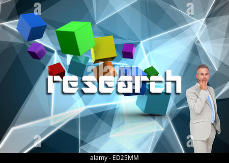 Research against abstract glowing black background Stock Photo