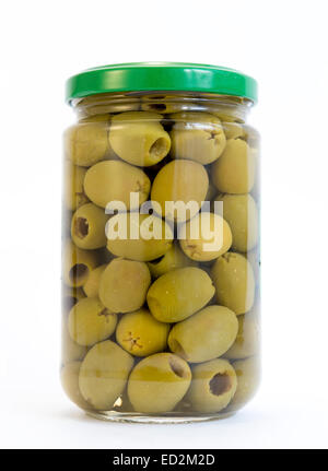 Green olives in a jar isolated on white. Stock Photo