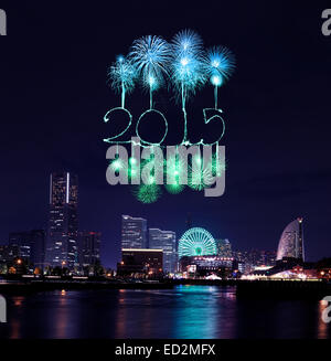 2015 New Year Fireworks celebrating over  marina bay in Yokohama City, Japan Stock Photo
