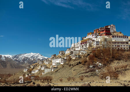 Thiksey Monastery atop a rocky outcrop in the Indus Valley of Ladakh, northern India.  This is a Tibetan style Buddhist Gompa. Stock Photo