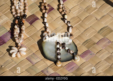 Melanesia, Papua New Guinea, Tufi. Typical seashell necklaces. Stock Photo