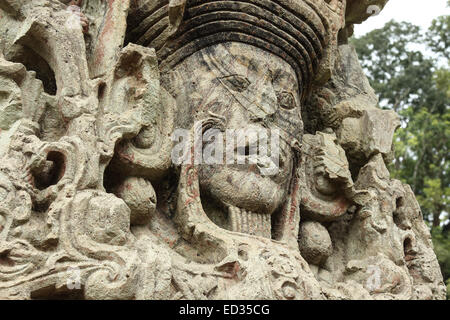 Carved stone stella of the king in Copan, a Mayan archaeological site in Honduras and a UNESCO World Heritage Site. Stock Photo