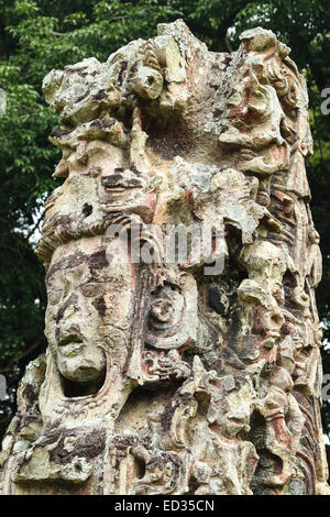 Carved stone stella of the king in Copan, a Mayan archaeological site in Honduras and a UNESCO World Heritage Site. Stock Photo