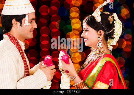 2 Bengali Bridegroom couple Wedding Varmala Stock Photo