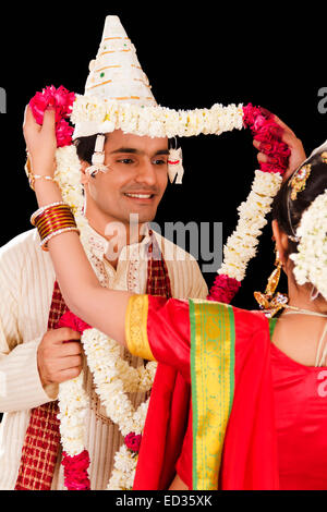 2 Bengali Bridegroom couple Wedding Varmala Stock Photo