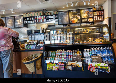 Springfield Illinois,Starbucks Coffee,barista,cafe,interior inside,counter,products,display case sale,visitors travel traveling tour tourist tourism l Stock Photo