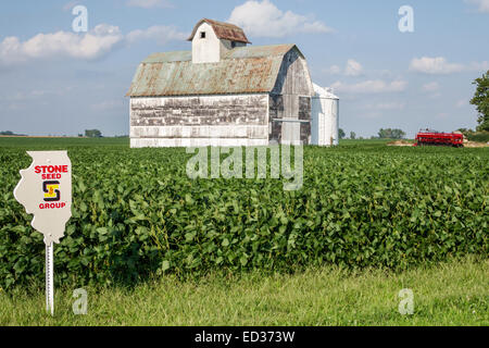 Illinois,Midwest,Tuscola,crop,barn,rural,agricultural,agriculture,farming,farm,harvester combine,soybean,seed marker,sign,logo,visitors travel traveli Stock Photo