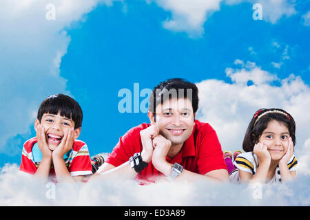 indian Father with children Sky cloud enjoy Stock Photo