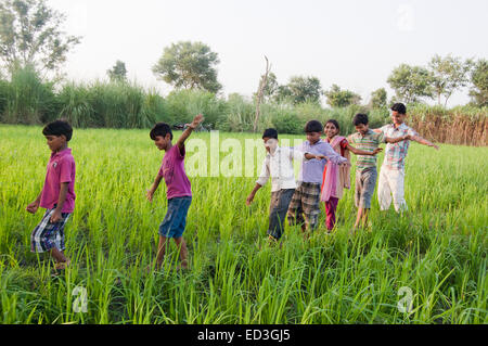 indian rural children group farm fun Stock Photo