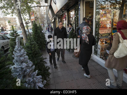 Tehran, Iran. 25th Dec, 2014. December 25, 2014 - Tehran, Iran - Christmas trees are displayed on a street for the Christian New Year shopping in Tehran's business district. Morteza Nikoubazl/ZUMAPRESS Credit:  Morteza Nikoubazl/ZUMA Wire/Alamy Live News Stock Photo