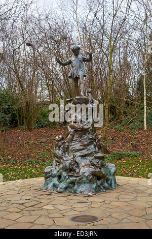 LONDON, UK - DECEMBER 23: Detail of statue of Peter Pan. December 23, 2014 in London. The sculpture, by Sir George Frampton, was Stock Photo