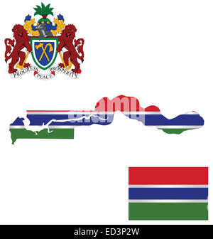 Flag and national coat of arms of the Republic of the Gambia overlaid on detailed outline map Stock Photo