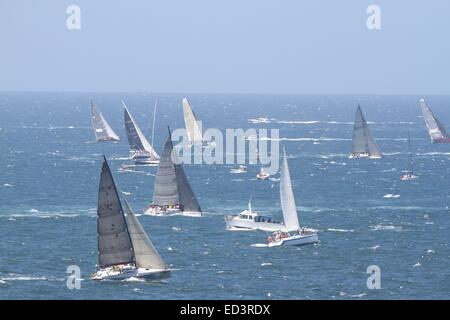 Sydney, Australia. 26 December 2014. Yachts in the 2014 Sydney to Hobart yacht race make their way down the east coast of Australia towards Hobart after leaving the Sydney heads, viewed from Watson’s Bay. Copyright Credit:  2014 Richard Milnes / Alamy Live News Stock Photo