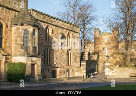 Durham University Library and castle gatehouse from Palace Green, Durham City north east England, UK Stock Photo