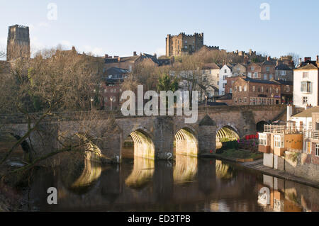 Winter cityscape view of Durham Cathedral, castle and Elvet bridge,  north east England, UK Stock Photo