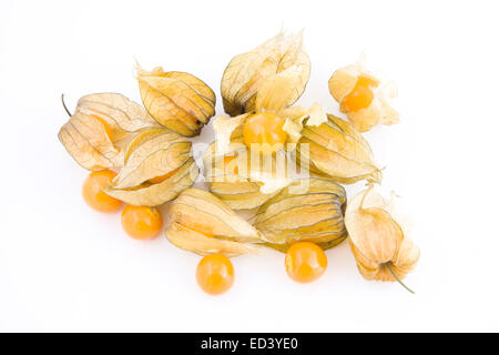 Fresh small physalis fruits isolated on white background, jam-berry Stock Photo