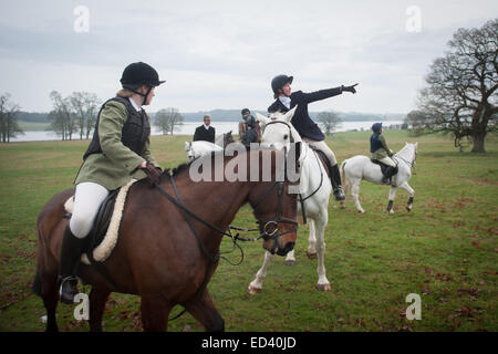 Horses and riders  at the annual Boxing Day meet of the Meynell and South Staffs Hunt at Blethfield Hall, Staffordshire 2014
